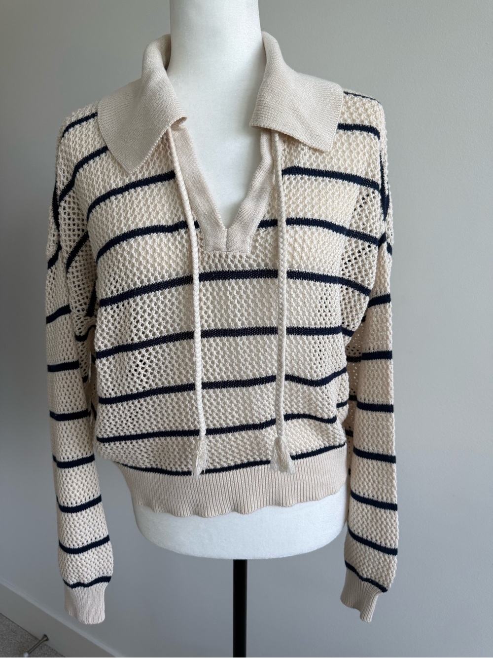 Bella Dahl Cream and Navy Striped Open-Knit Polo Sweater